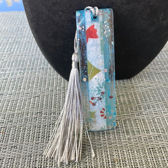 XMAS Handmade Festive Holiday Bookmark small Blue with White Strip - Picture 5 of 9